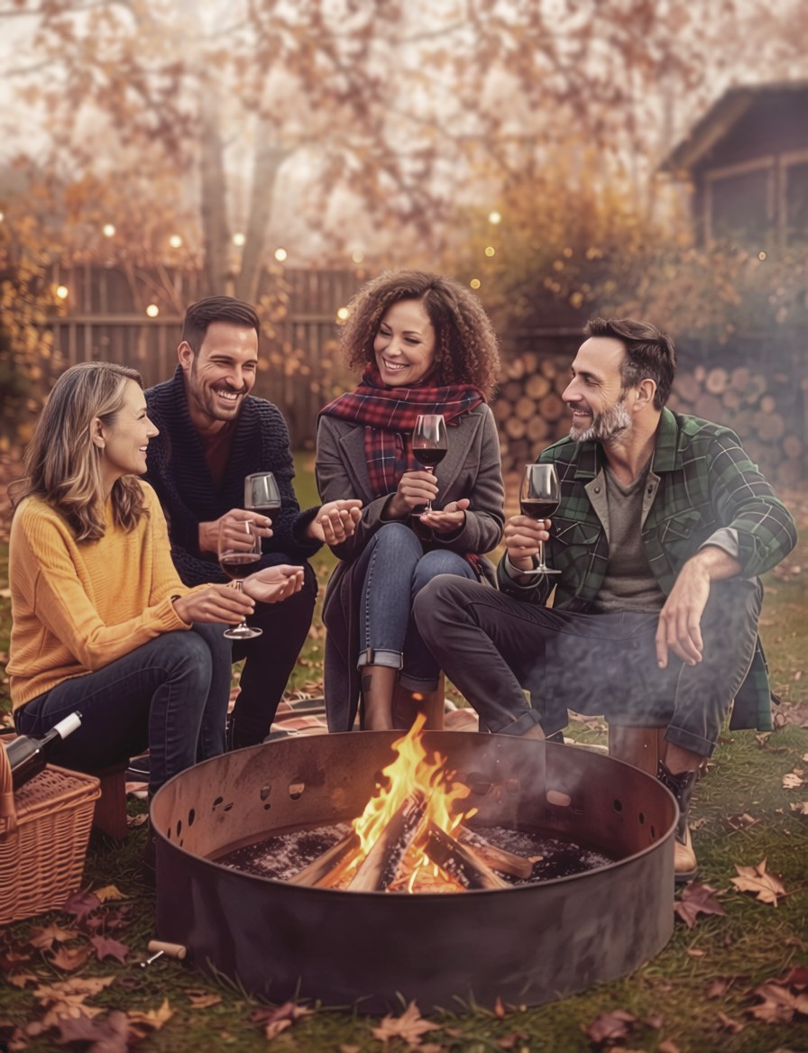 Friends enjoying wine around a fall firepit